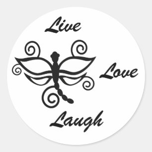 Sticker Rond Vivant, aimez, riez, la libellule blanche d'art