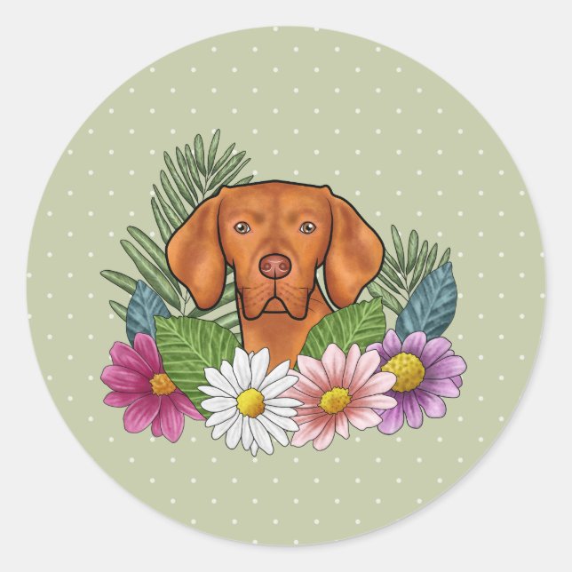 Sticker Rond Vizsla Hongroise Et Fleurs D'Été Colorées Vert (Devant)