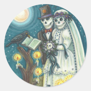 STICKER ROND VOEUX DE CEMETIERE, MARIAGE DE SQUELETTE, MARIEE E
