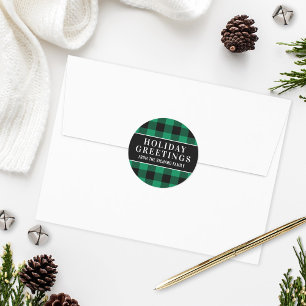 Sticker Rond Vœux de fêtes Green Buffalo Plaid Famille