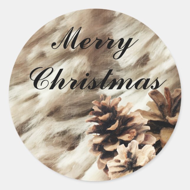 Sticker Rond Vœux d'hiver Chaud Noël Rustique Pommes de pin (Devant)