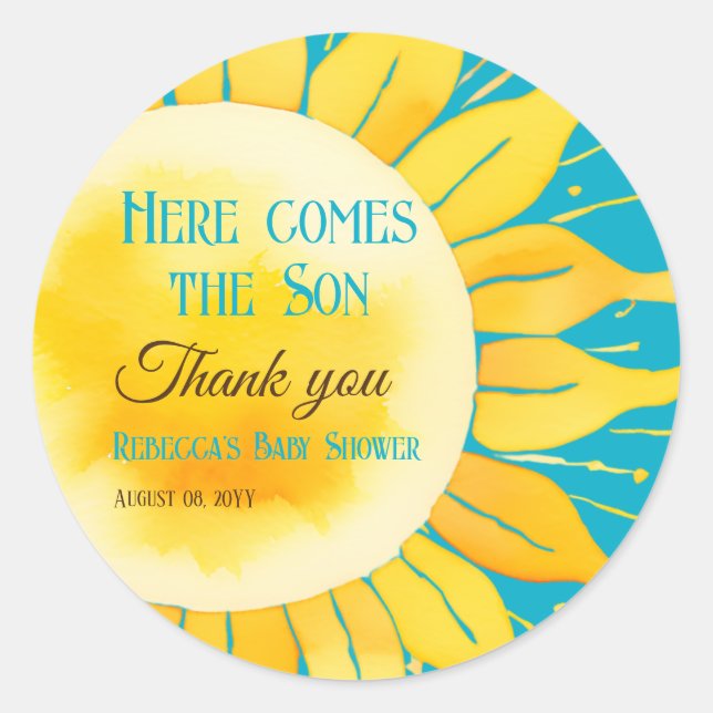 Sticker Rond Voici le Baby shower Son Boy Blue Sunshine (Devant)