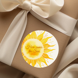 Sticker Rond Voici le Baby shower Son Jaune soleil