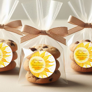 Sticker Rond Voici le Baby shower Son Jaune soleil