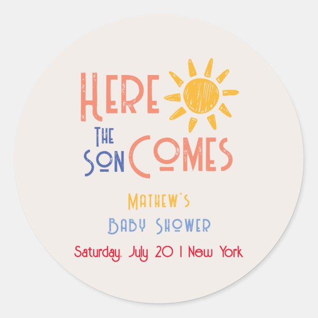Sticker Rond Voici Le Son Minimal Rétro Baby shower Soleil (Devant)