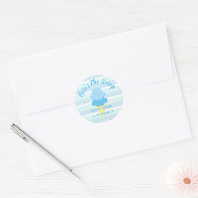 Sticker Rond Voici The Scoop Ice Cream Summer Boy Birthday (Enveloppe)