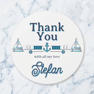 Sticker Rond Voilier Bleu Nautique Merci