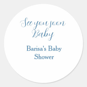 Sticker Rond voir bientôt baby shower bleu nom date simple
