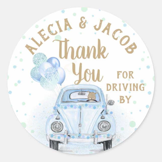 Sticker Rond Voiture Boy Baby shower Merci Blue Gold (Devant)
