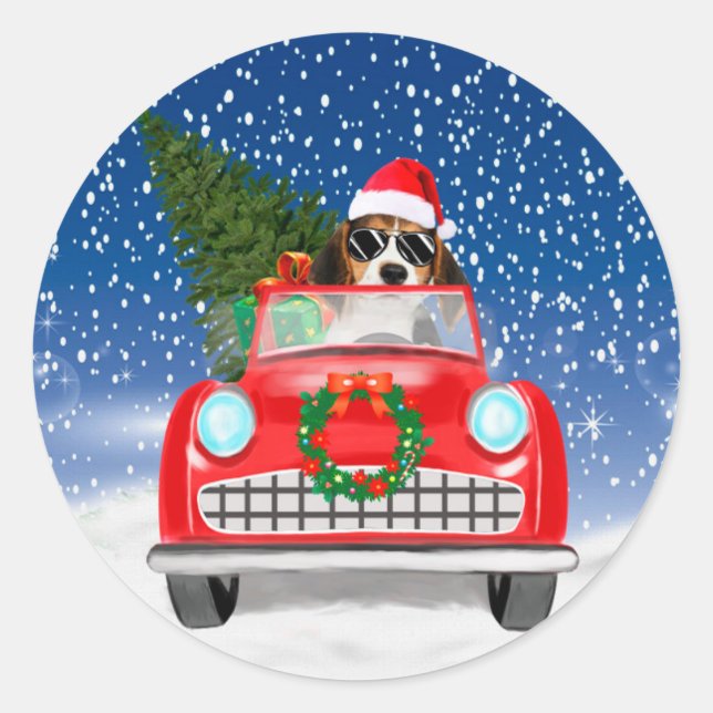 Sticker Rond Voiture De Conduite De Chien beagle En Noël De Nei (Devant)