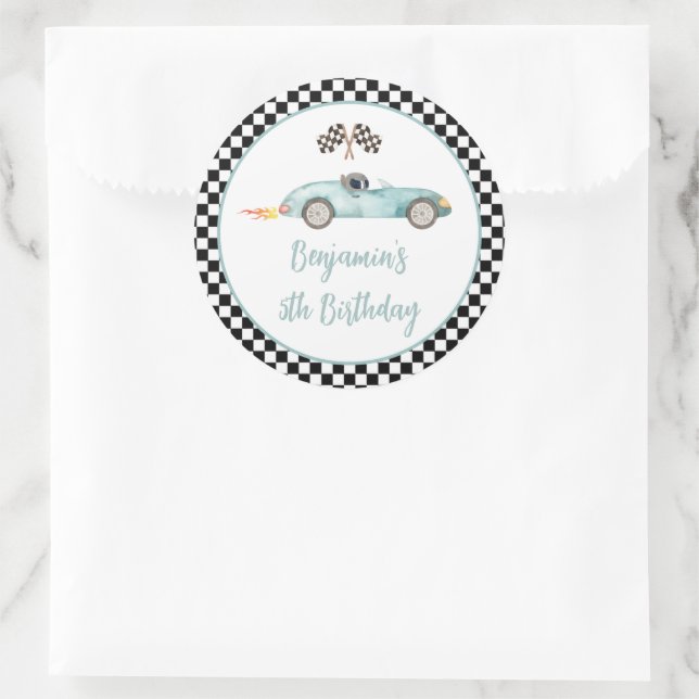 Sticker Rond Voiture de course bleue moderne Anniversaire (Sac)