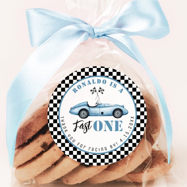 Sticker Rond Voiture de course Fast One Blue Boy Merci d'annive (Créateur téléchargé)