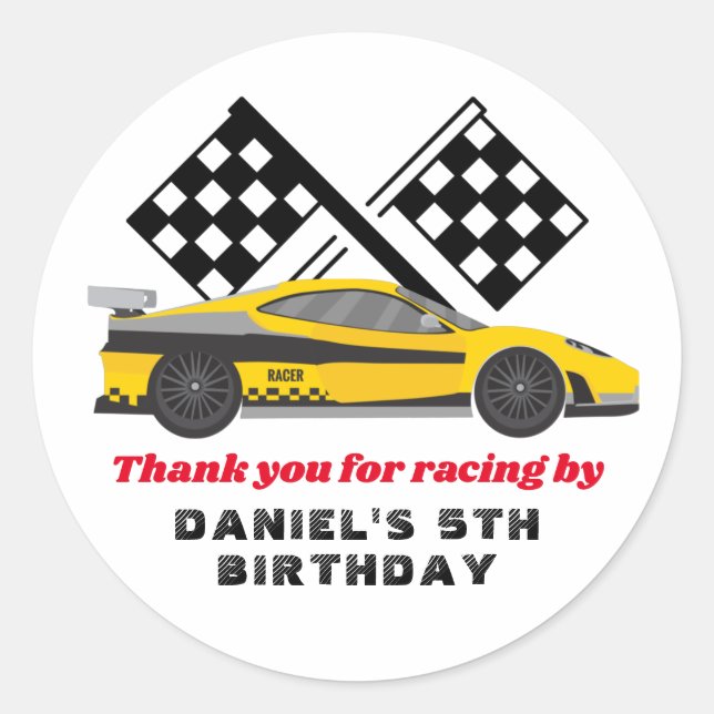 Sticker Rond Voiture de course Jaune pour les garçons Anniversa (Devant)
