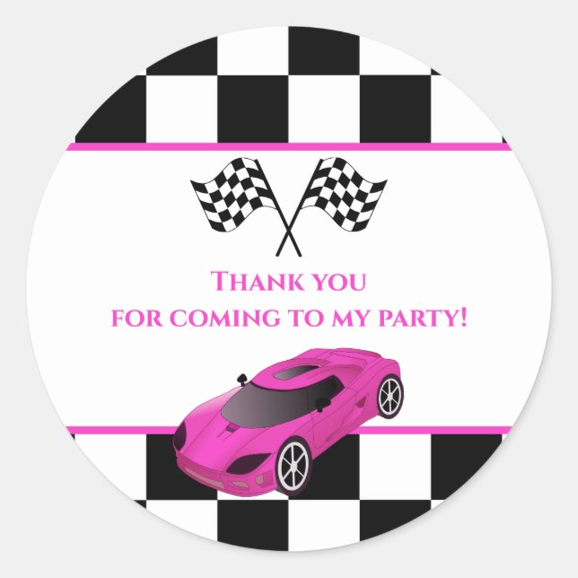 Sticker Rond Voiture de course rose | Parti Anniversaire de enf (Devant)