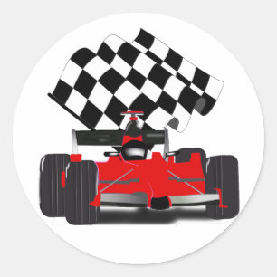 Sticker Rond Voiture de course rouge avec drapeau à damier