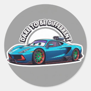 Sticker Rond Voiture de dessin animé bleue