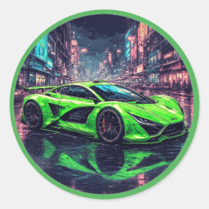 Sticker Rond Voiture de sport verte sur une rue néon pluvieuse