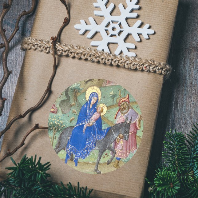 Sticker Rond Vol de la Sainte Famille de Noël en Egypte Médiéva (Christmas Holy Family Flight into Egypt Religious Medieval Vintage Classic Round Gift Sticker)