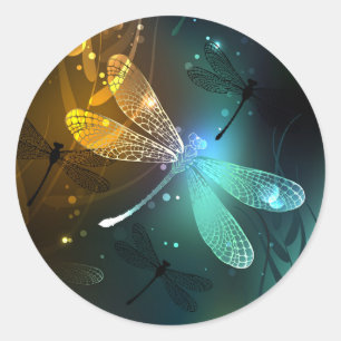 Sticker Rond Vol de libellule verte lumineuse