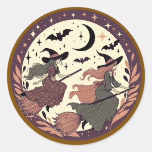Sticker Rond Vol Magique Sorcière - Scène Lune d'Halloween