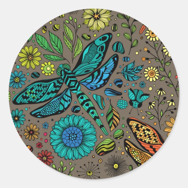 Sticker Rond Voler, libellule de mouche sur brun (Devant)