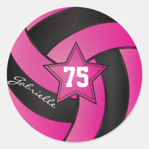 Sticker Rond Volley-ball rose et noir chaud   Texte do-it-yours