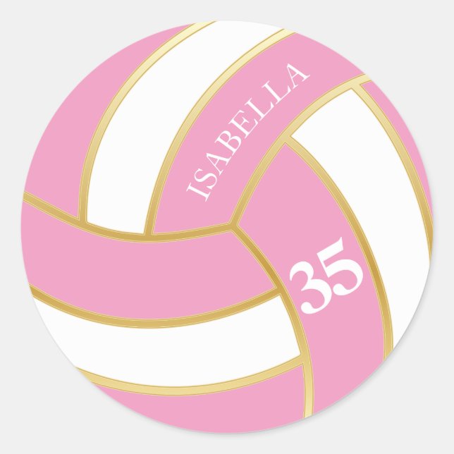 Sticker Rond Volley-ball rose, or et blanc - Personnaliser (Devant)