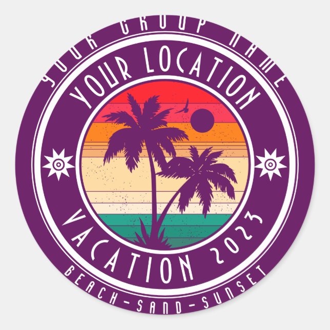 Sticker Rond Votre emplacement Vacances Nom de groupe personnal (Devant)