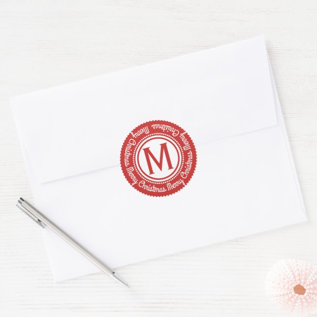 Sticker Rond Votre initiale | Joyeux Noël Festif Rouge (Enveloppe)