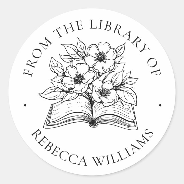 Sticker Rond Votre nom Livre & Fleurs Ex Libris Plaque d'accuei (Devant)
