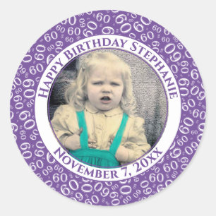 Sticker Rond Votre photo Numéro 60e anniversaire Violet/Blanc
