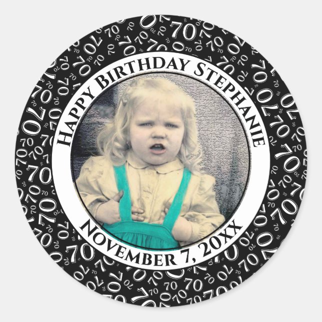 Sticker Rond Votre photo Numéro 70e anniversaire | Noir/Blanc 7 (Devant)