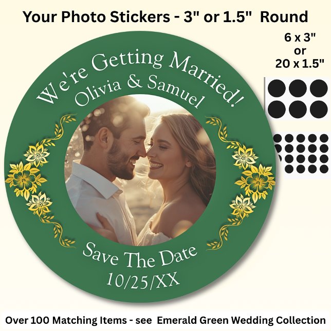 Sticker Rond Votre Photo, Sauvegarder La Date, Émeraude Vert Et (Créateur téléchargé)