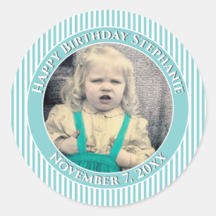 Sticker Rond Votre Photo Simple Stripes Motif Aqua/White