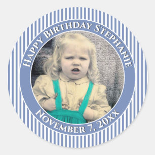 Sticker Rond Votre photo Simple Stripes Motif Bleu/Blanc