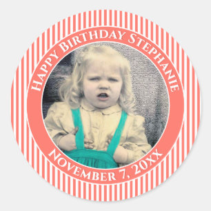 Sticker Rond Votre Photo Simple Stripes Motif Coral/Blanc