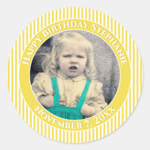 Sticker Rond Votre Photo Simple Stripes Motif Jaune/Blanc