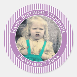 Sticker Rond Votre Photo Simple Stripes Motif Lavande/Blanc