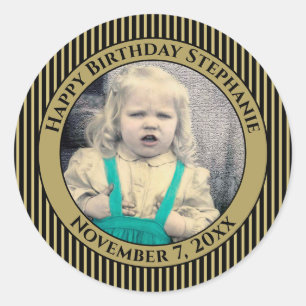 Sticker Rond Votre Photo Simple Stripes Motif Noir/Or
