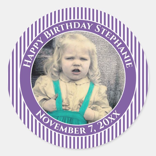 Sticker Rond Votre Photo Simple Stripes Motif Violet/Blanc (Devant)