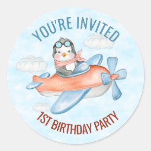 Sticker Rond Vous êtes invité Penguin Avion bleu Anniversaire