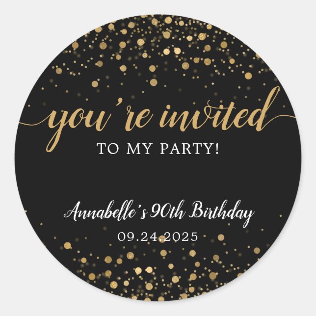 Sticker Rond Vous êtes Invited Party Gold Black Confetti Annive (Devant)