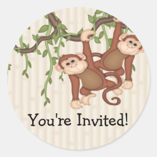 Sticker Rond Vous êtes invités ! baby shower de singes de