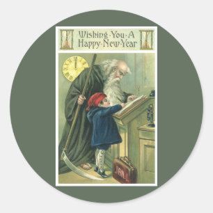 Sticker Rond Vous souhaitant une Bonne Année, Père Temps Vintag
