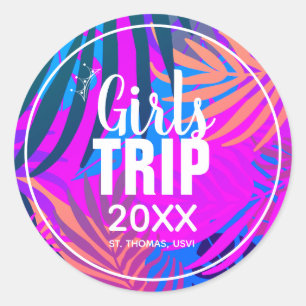 Sticker Rond Voyage de filles tropicales avec Couronne, Année &