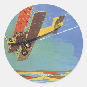 Sticker Rond Voyage et transport vintage Avion antique biplan