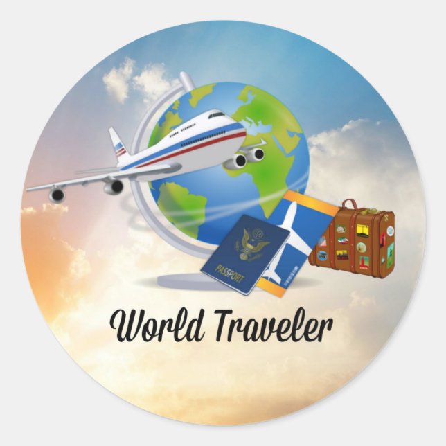 Sticker Rond Voyageur du monde, emballé et prêt à partir (Devant)