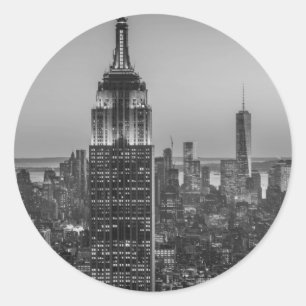 Sticker Rond Vue aérienne en noir et blanc de New York City Nig