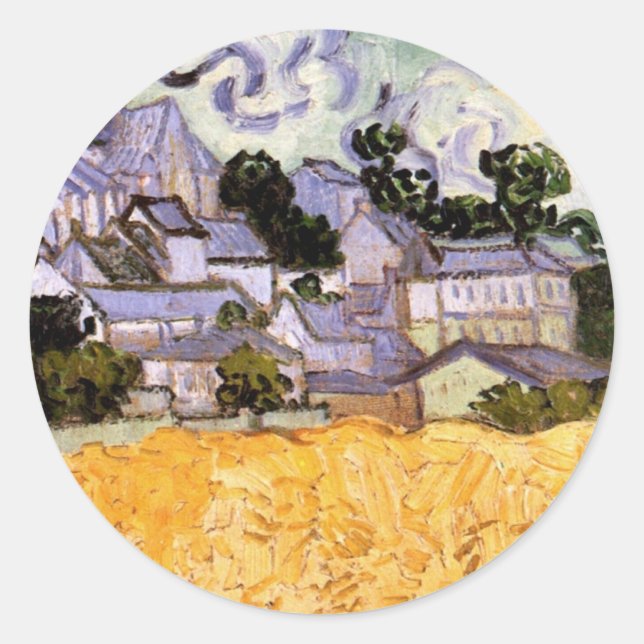 Sticker Rond Vue d'Auvers avec l'église par Vincent van Gogh (Devant)