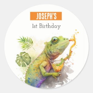 Sticker Rond Vues estivales Aquarelle Chameleon Premier anniver